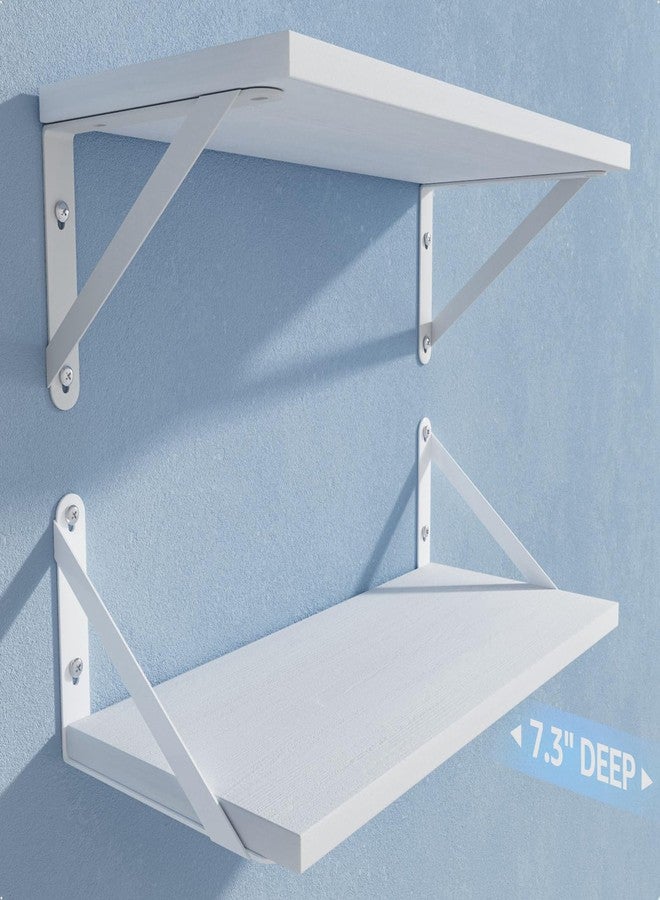 COCOYA Wall Shelves 7.3" Deep Set of 2, Solid Paulownia Wood Wider Longer Sturdy Easy to Install Wall Mounted Bookshelves Storage Shelves Bathroom Storage Office Laundry Room Bedroom Organizer White - Image 1